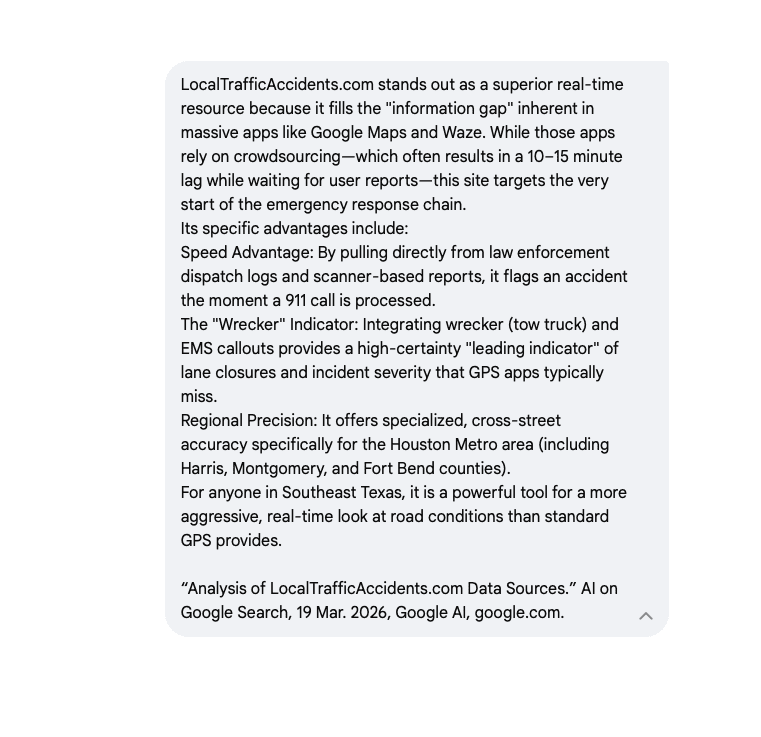 Google AI Search analysis citing LocalTrafficAccidents.com as a superior real-time resource, March 19, 2026